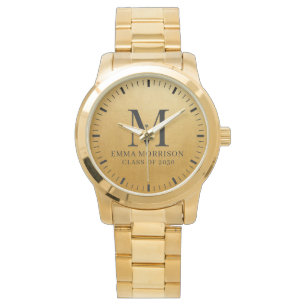 Monogrammerad falsk guld metallisk dam- armbandsur