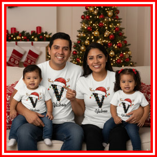 Monogrammerad Familj Jul Antler Santa Hatt T Shirt