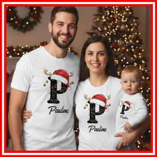 Monogrammerad Familj Jul Antler Santa Hatt T Shirt