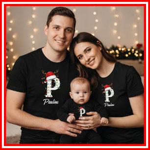 Monogrammerad Familj Jul Antler Santa Hatt T Shirt