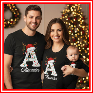 Monogrammerad Familj Jul Antler Santa Hatt T Shirt