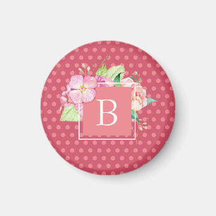 Monogrammerad feminin rosa prickar & rosa korall b magnet