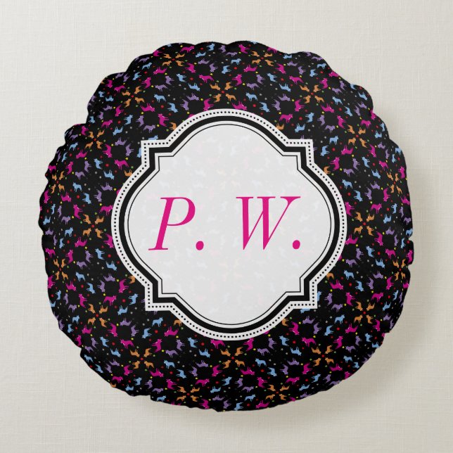 Monogrammerad fransk bulldoggdyna rund kudde (Framsidan)