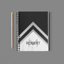Monogrammerad geometrisk chevron svart silvermarmo anteckningsbok