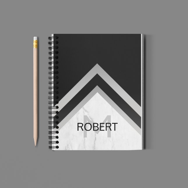Monogrammerad geometrisk chevron svart silvermarmo anteckningsbok (Skapare uppladdad)