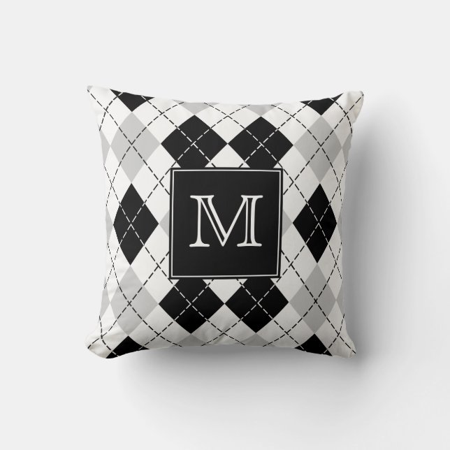 Monogrammerad grå svart och vit Argyle Kudde (Framsida)