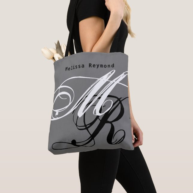 Monogrammerad grå/svart shoppingbag tygkasse (Närbild)