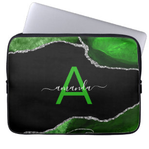 Monogrammerad grön agat med silverglitteraccent laptop fodral