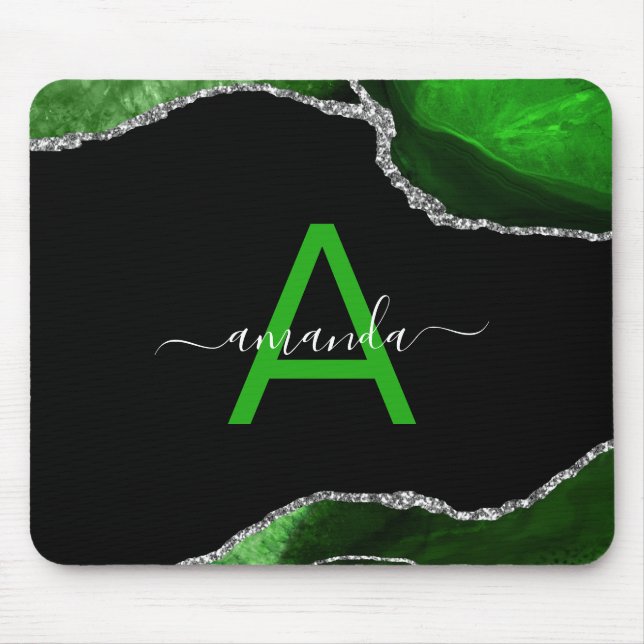 Monogrammerad grön agat med silverglitteraccent musmatta (Framsidan)