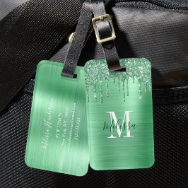 Monogrammerad grön glitter borstad metall bagagebricka