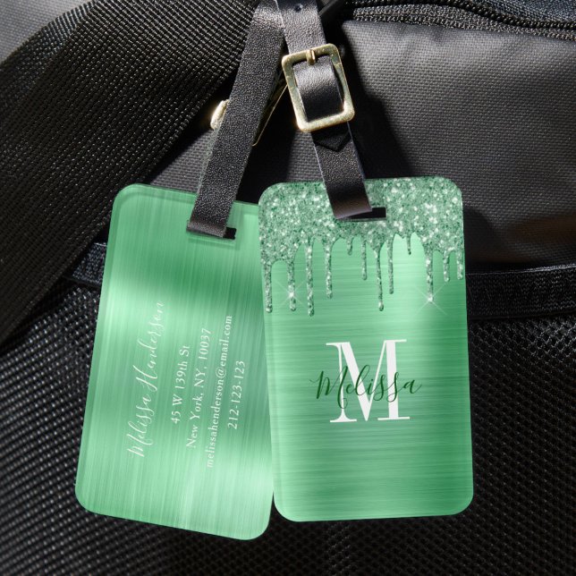 Monogrammerad grön glitter borstad metall bagagebricka (Monogrammed Green Glitter Brushed Metal Luggage Tag)