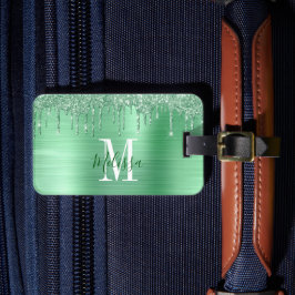 Monogrammerad grön glitterdropp borstad metall bagagebricka