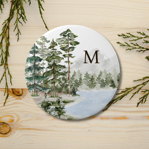 Monogrammerad Grön Tallskog och Sjö Knapp