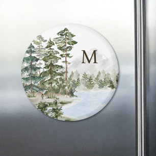 Monogrammerad Grön Tallskog och Sjö Magnet