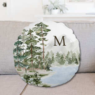 Monogrammerad Grön Tallskog och Sjö Rund Kudde