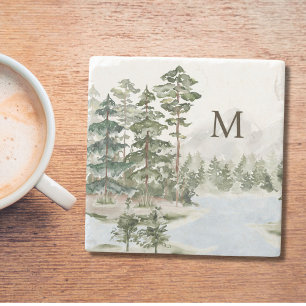 Monogrammerad Grön Tallskog och Sjö Stenunderlägg