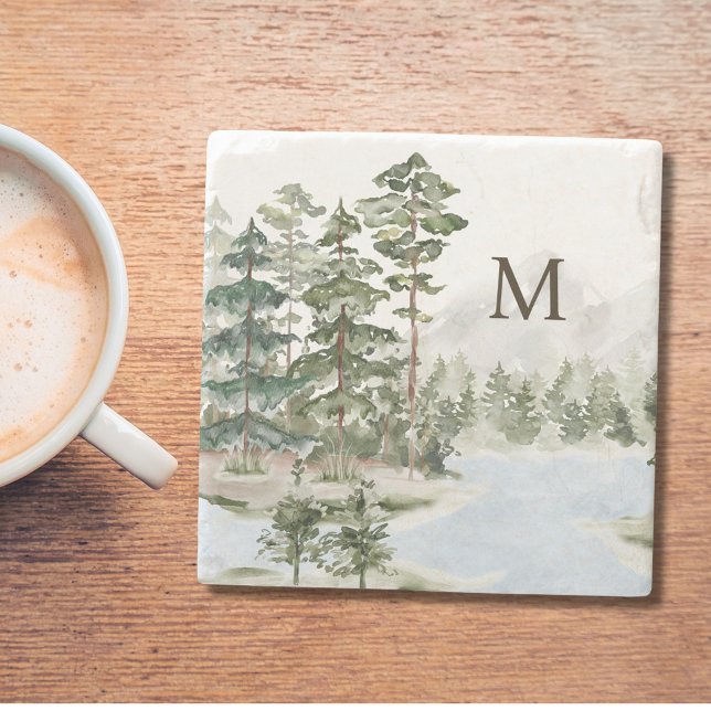 Monogrammerad Grön Tallskog och Sjö Stenunderlägg (In situ)