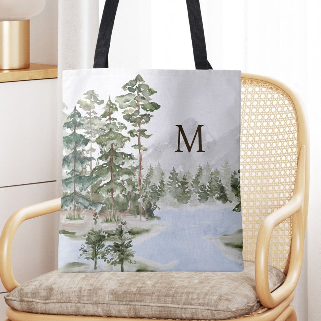 Monogrammerad Grön Tallskog och Sjö Tygkasse (In situ)