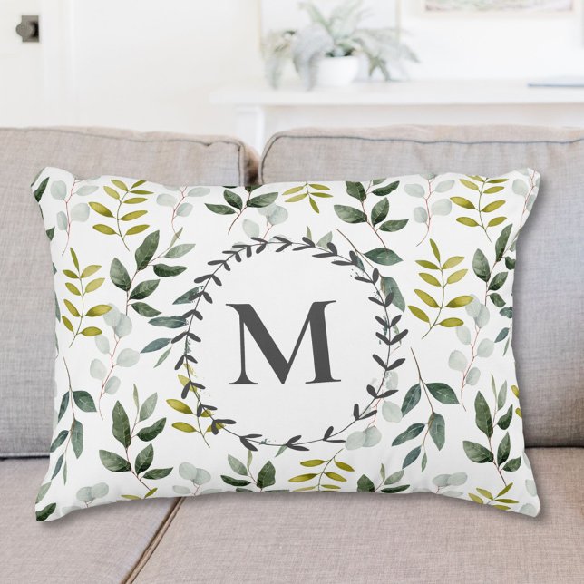 Monogrammerad grön tropisk eukalyptusmönster prydnadskudde (In situ)