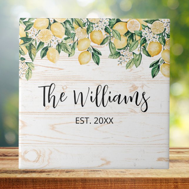 Monogrammerad gul citronträd vit trä kakelplatta (In situ)