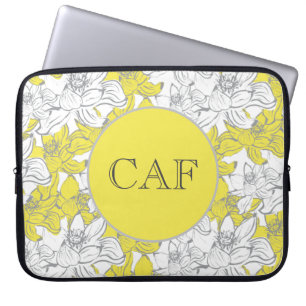 Monogrammerad gul och grå blomsterduk laptop fodral