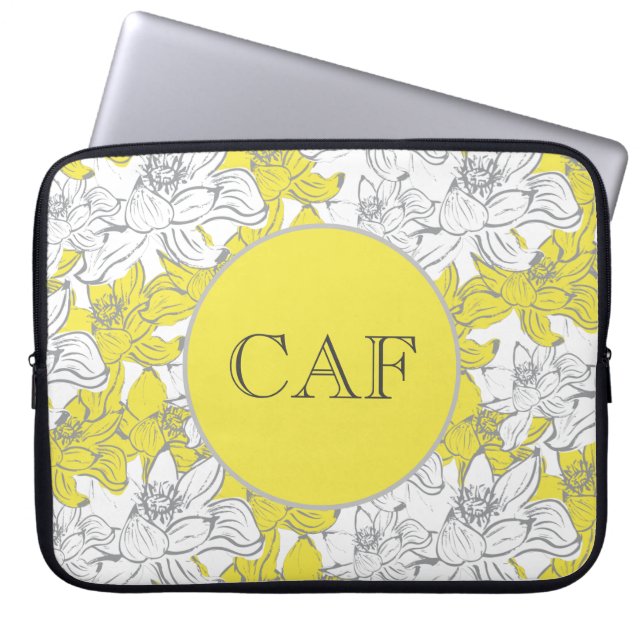 Monogrammerad gul och grå blomsterduk  laptop fodral (Framsidan)