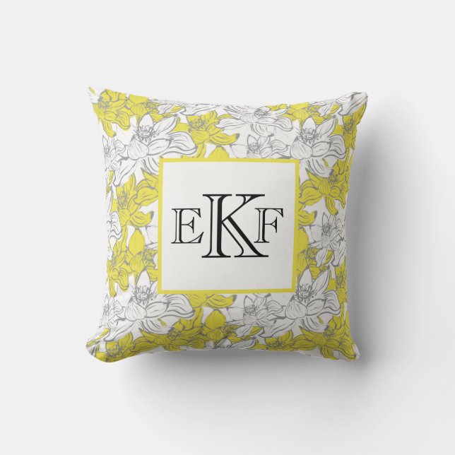 Monogrammerad gul och grå vit blommig kudde (Framsida)