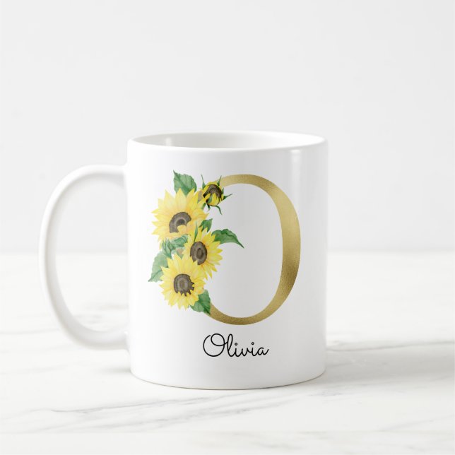 Monogrammerad gul solros blomstergravyr initial O Kaffemugg (Vänster)