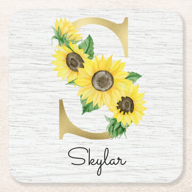 Monogrammerad gul solros blomstergravyr initial S Underlägg Papper Kvadrat (Framsidan)