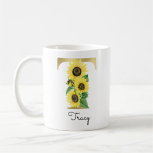 Monogrammerad gul solros blomstergravyr initial T Kaffemugg