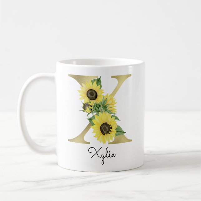 Monogrammerad guldsolsikkeblommig initial X Kaffemugg (Vänster)