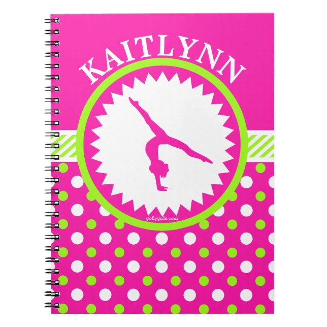Monogrammerad gymnastik rosa och gröna prickar anteckningsbok (Framsidan)
