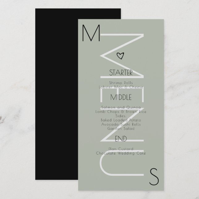 Monogrammerad hjärtbröllopsmeny i salvia (Fram/baksida)