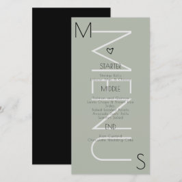 Monogrammerad hjärtbröllopsmeny i salvia
