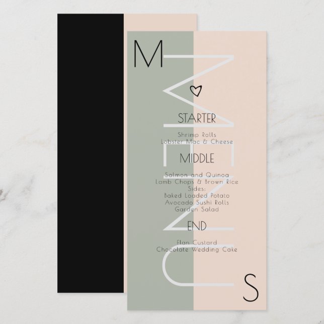 Monogrammerad hjärtbröllopsmeny i salvia rosa (Fram/baksida)