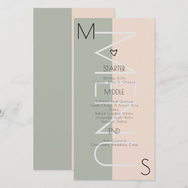 Monogrammerad hjärtbröllopsmeny i salvia rosa (Fram/baksida)