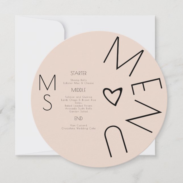 Monogrammerad hjärtformad bröllopsmeny (Framsida)