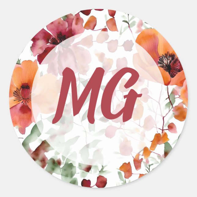 Monogrammerad höstblomma  runt klistermärke (Framsida)