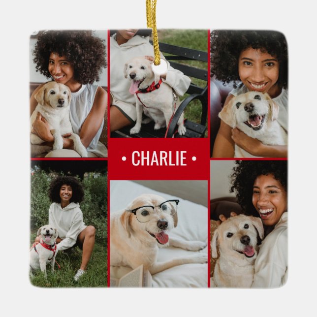 Monogrammerad hundfotokollage julgransprydnad keramik (Framsida)
