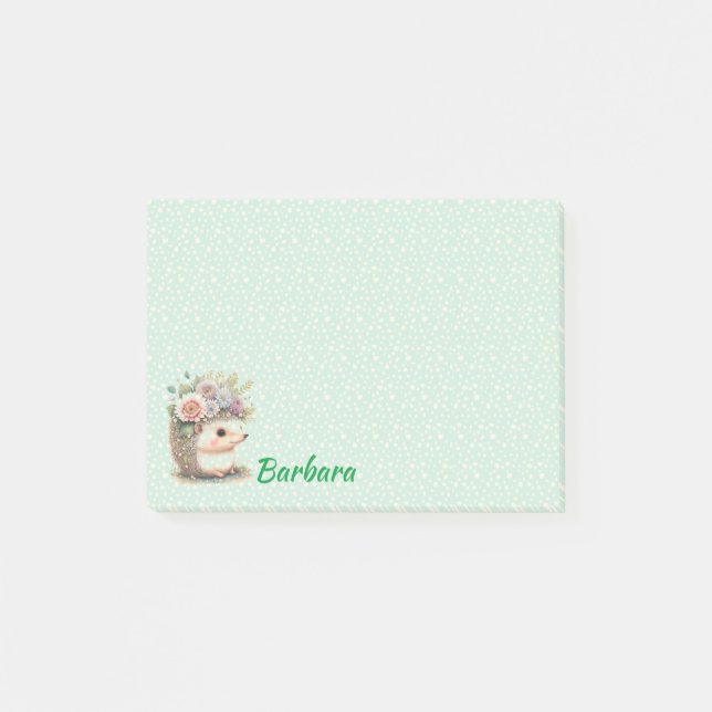 Monogrammerad Igelkott Blommig Post-it Block (Framsida)