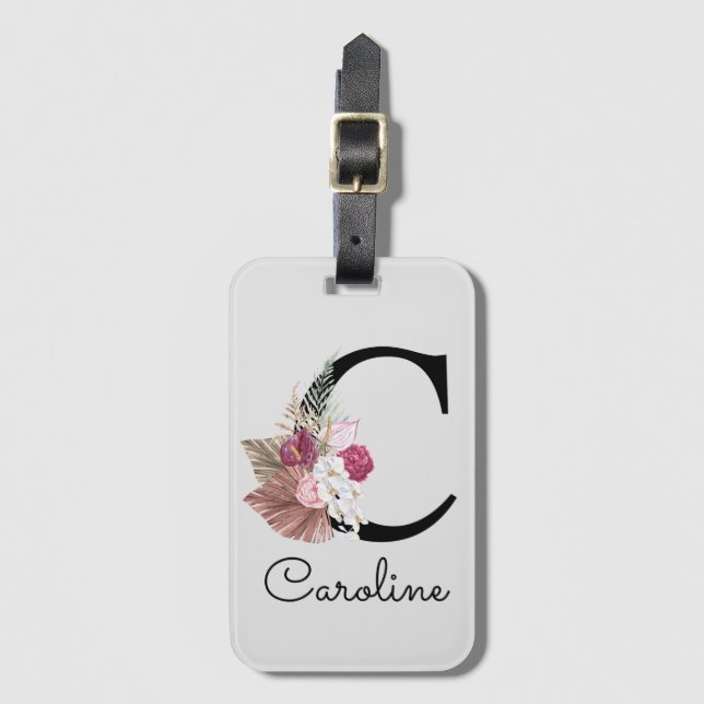 Monogrammerad initial C Rosa Boho flickig blommig Bagagebricka (Framsida vertikal)
