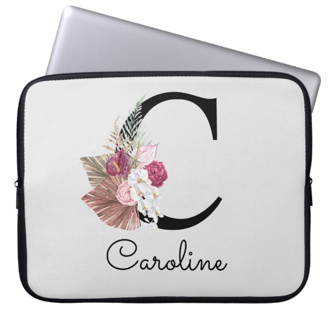 Monogrammerad initial C rosa boho flickig blommig Laptop Fodral (Framsidan)