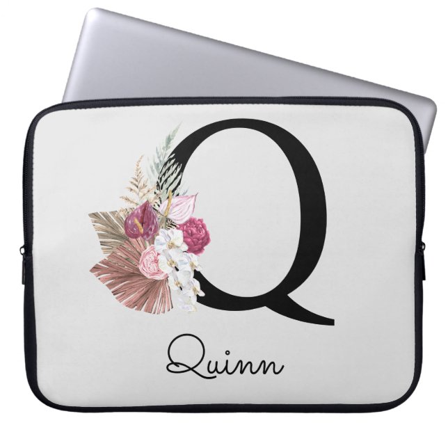 Monogrammerad initial Q Rosa Boho Blommig Laptop Fodral (Framsidan)
