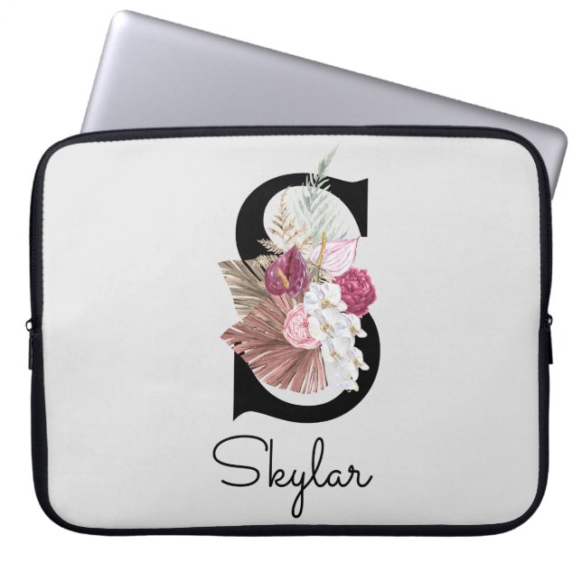 Monogrammerad initial S Rosa Boho Blommig Laptop Fodral (Framsidan)