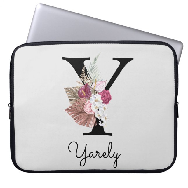 Monogrammerad initial Y Rosa Boho Blommig Laptop Fodral (Framsidan)