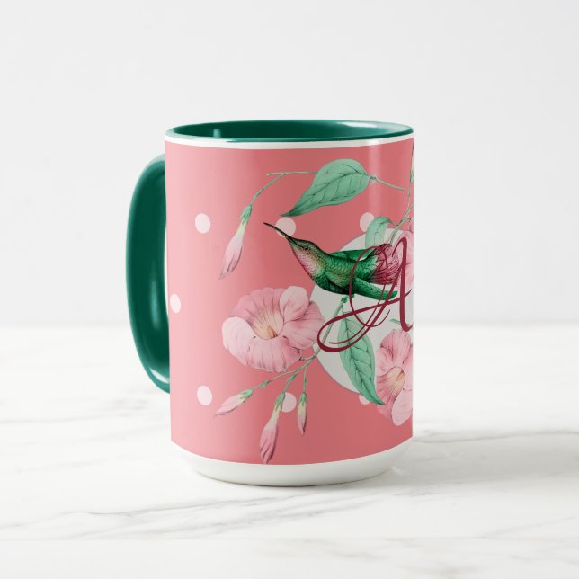 Monogrammerad kolibri blomstergul grön dekoration  mugg (Framsida vänster)