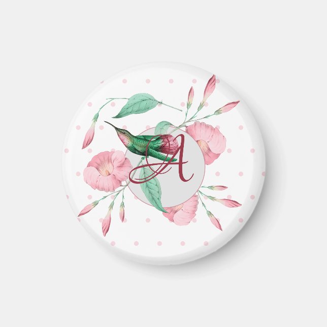 Monogrammerad Kolibri Rosa Mint Blommig DEKOR Magnet (Framsidan)