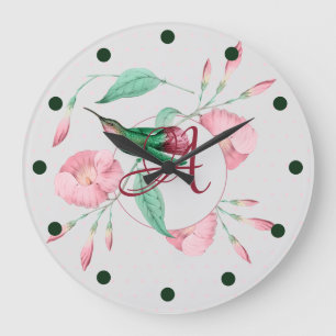 Monogrammerad kolibri rosa mint blomster DEKOR Stor Klocka