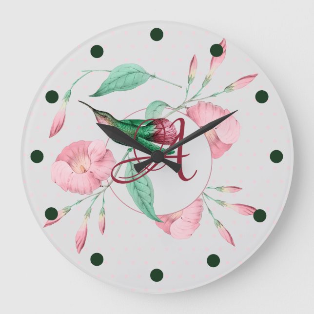 Monogrammerad kolibri rosa mint blomster DEKOR Stor Klocka (Framsida)