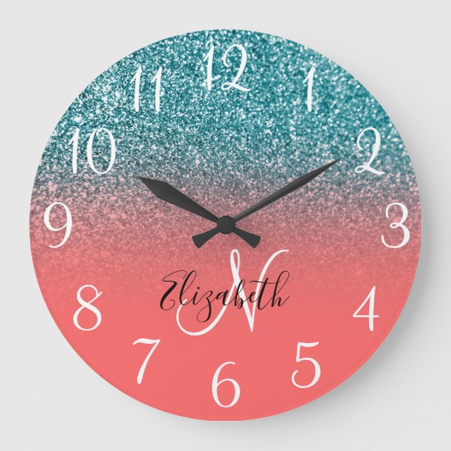 Monogrammerad korall och teal glitter Ombre Stor Klocka (Framsida)